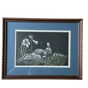 VTG Scratchboard Art Print‎ P Burrus Cat Laying In Grass Bee Flowers 10" x 13"